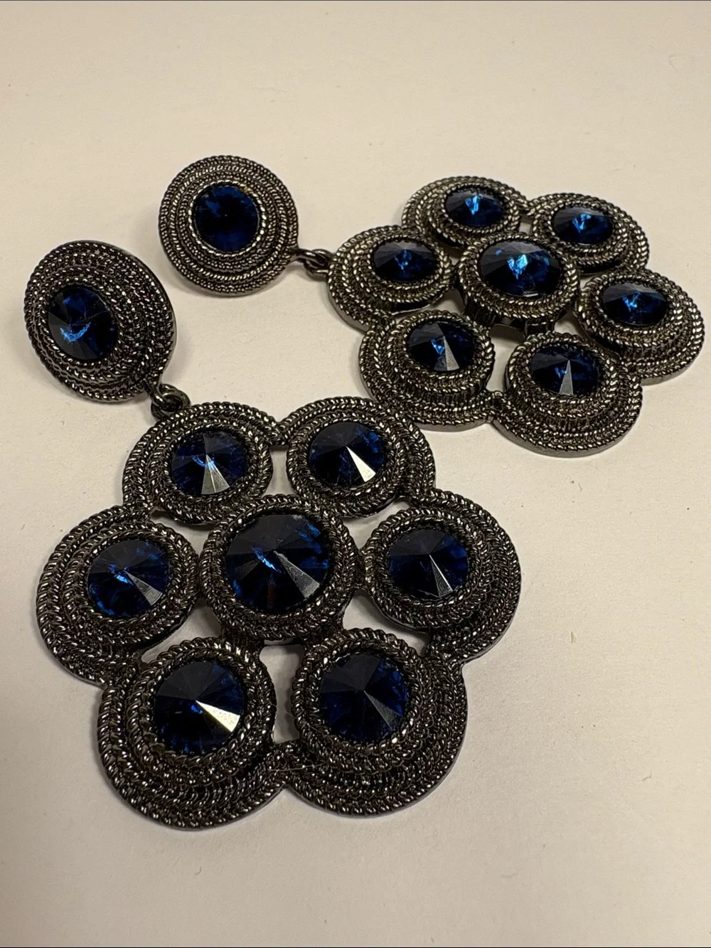 Gunmetal Floral Drop Earrings with Faux Sapphire Blue Stones - Women Jewelry